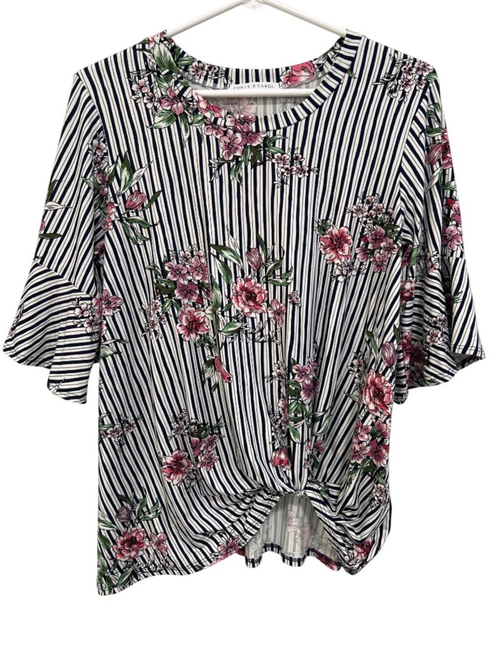 Chris & Carol Blouse Medium Striped Floral Knot Front Top Bell Sleeve Bohemian